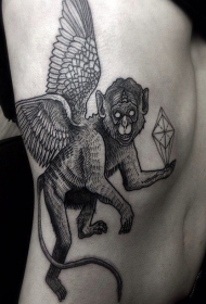 雕刻风格黑色猴子天使侧肋纹身图案