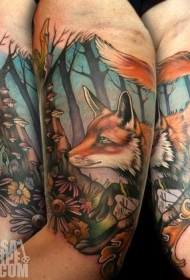 old school丰富多彩的狐狸和森林手臂纹身图案