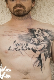 男性胸部黑色抽象的女人和字母纹身图案