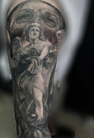 大腿黑白悲伤的天使雕像纹身图案
