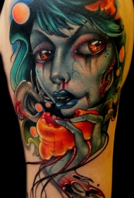 大臂3D彩色的邪恶女巫与头骨纹身图案