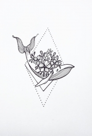 小清新鲸鱼花卉几何纹身图案手稿