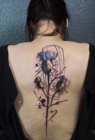 背部抽象风格水彩花朵纹身图案
