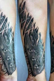 手臂撕皮黑白3D吉他纹身图案
