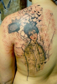 背部抽象的伤心女子与鸟类饰品纹身图案