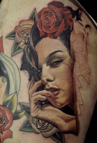 3D风格彩色的女子肖像与美丽的玫瑰纹身图案