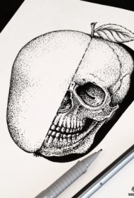 欧美点刺苹果骷髅组合纹身图案手稿