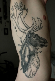 令人敬畏的黑色线条小鹿侧肋纹身图案