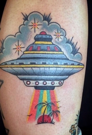 小腿彩色卡通外星飞船与小岛纹身图案