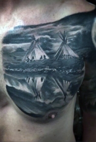 半甲印第安土著黑白家庭写实纹身图案