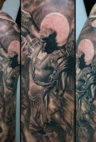 惊人的黑白天使战士与鸽子手臂纹身图案