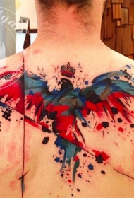 背部抽象水彩风格的小鸟纹身图案