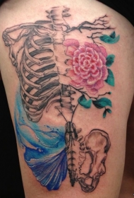 大腿骨架骷髅花卉泼墨纹身图案手稿