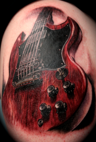 大臂3D风格写实的吉他纹身图案