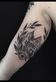 雕刻风格黑色城堡与树叶手臂纹身图案