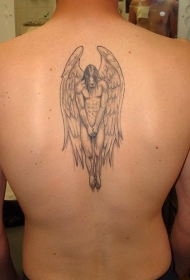 男性背部的裸体男天使纹身图案