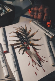 欧美school植物匕首纹身图案手稿