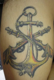 船锚和两支枪彩色纹身图案