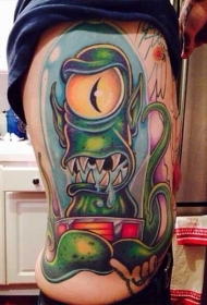 侧肋卡通风格的彩色恐怖外星人纹身图案