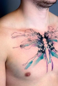 胸部抽象风格的彩色大蝴蝶纹身图案