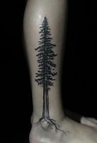 小腿黑色的3D孤独树纹身图案