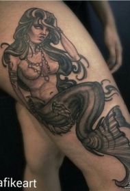 大臂欧美黑灰邪恶美人鱼纹身图案