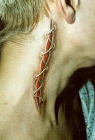 颈部彩色皮肤撕裂3D纹身图案