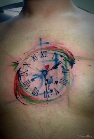 胸部抽象风格的彩色神秘时钟纹身图案