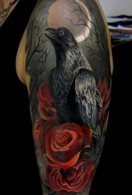 逼真的黑色乌鸦与红色玫瑰手臂纹身图案