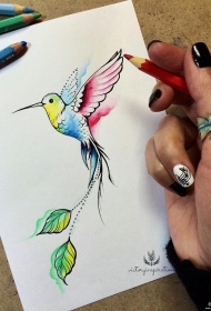 水彩蜂鸟纹身图案手稿