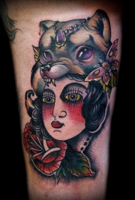 old school彩色吉普赛女巫与动物手臂纹身图案