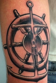 手臂彩色航海主题船舵与船锚纹身图案