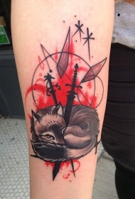 new school彩色剑和星星狐狸手臂纹身图案