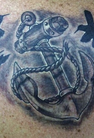 船锚和黑色的小鸟纹身图案