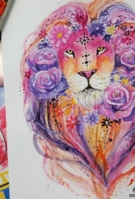 欧美狮子玫瑰泼墨纹身图案手稿