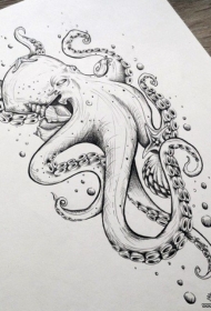欧美章鱼黑灰纹身图案手稿