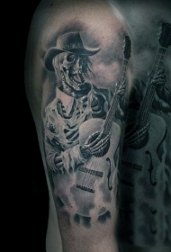 很棒的设计黑白西方骷髅歌手与吉他纹身图案