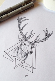 欧美几何麋鹿头像线条纹身图案手稿