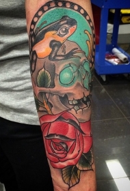 手臂彩色的骷髅青蛙和玫瑰纹身图案