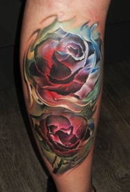 3D风格漂亮的七彩玫瑰花小腿纹身图案