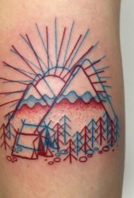 红色和蓝色的3D彩色山地森林纹身图案
