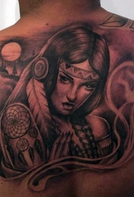 背部3D彩色的诱惑印度女人与捕梦网纹身图案