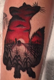 欧美狐狸风景彩绘组合纹身图案