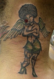 颈部黑色卷发的天使纹身图案