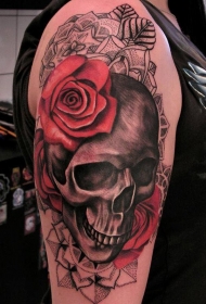 手臂3D点刺彩色骷髅与玫瑰纹身图案