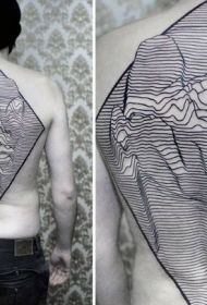 背部华丽的3D黑色线条水山纹身图案