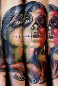 彩绘僵尸女孩和章鱼手臂纹身图案