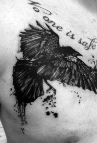 胸部抽象风格黑色乌鸦和字母纹身图案