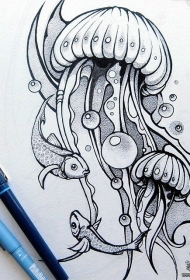 欧美水母鲤鱼点刺纹身图案手稿