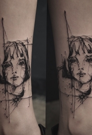 素描风格的黑色线条女人脸脚踝纹身图案